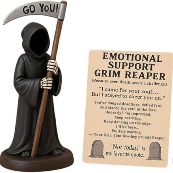 Emotional Support Grim Reaper, Hand-Painted Gothic Grim Reaper Statue Holding Coffee & Cat with Emotional Support Card B B