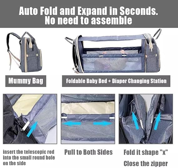 Baby Diaper Backpack - Multifunctional Diaper Bag with Foldable Crib