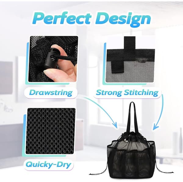 Mesh Shower Caddy with Drawstring, Portable for College, Camping, Gym, Travel, Black