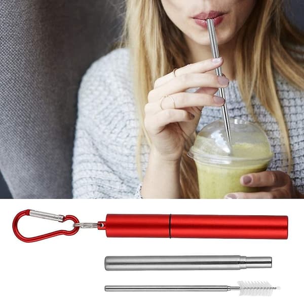 Reusable Stainless Steel Travel Straw Portable Foldable Retractable Straw Kit With Cleaning Brush (1 Set)