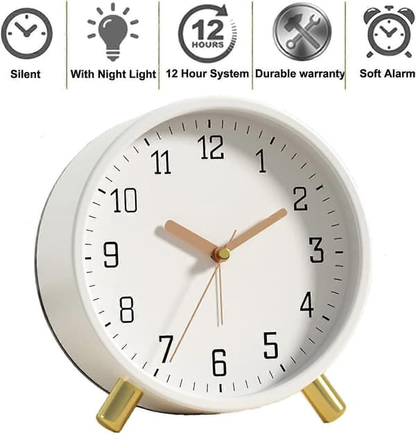Väckarklocka 11,4 cm Sängbords Analog Tyst Liten Bordsklocka Vit