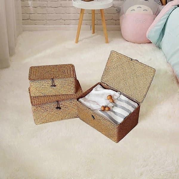 Rattan Storage Box with Lid - Seaweed Basket and Organizer Set - Rectangular Design M M
