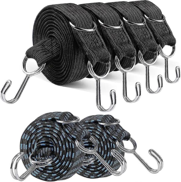 Sæt med 6 elastiske gummistropper med kroge, 4 ekstra lange elastiske stropper på 2 m og 2 blå elastiske snore på 1 m, 200 x 3 cm, 100 x 3 cm