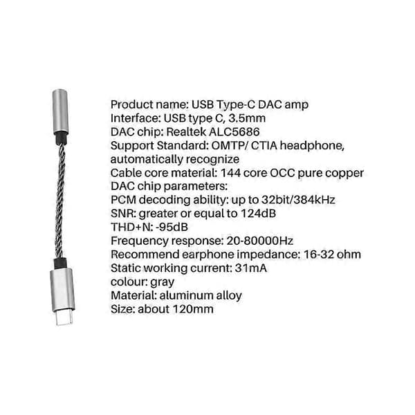 ALC5686 USB Type-C to 3.5mm DAC Digital Decoder Audio Adapter, Grey
