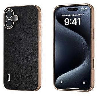ABEEL Compatible Case for iPhone 16 Electroplating Genuine Leather PC Phone Case (Black)
