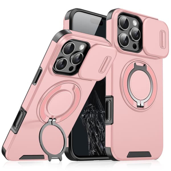 Magnetisk ringstativ-cover til iPhone 15 Pro Max med skydbart linsebeskyttelse, orange