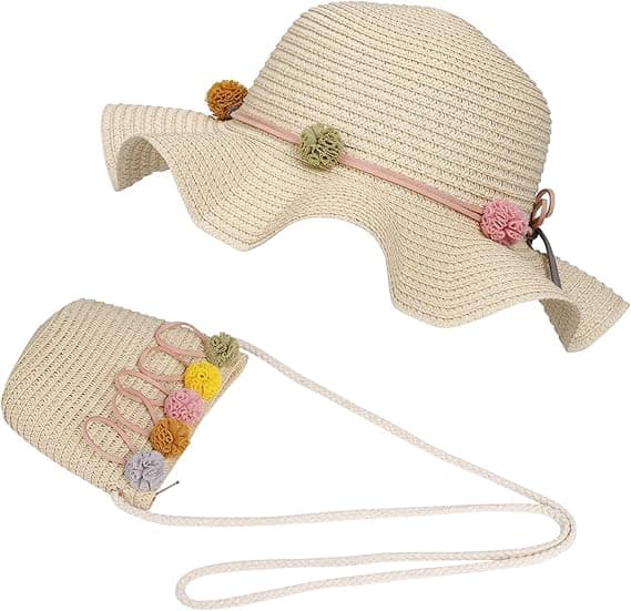Beige - Solhatt for jenter, sommerhatt i strå og clutch med blomster