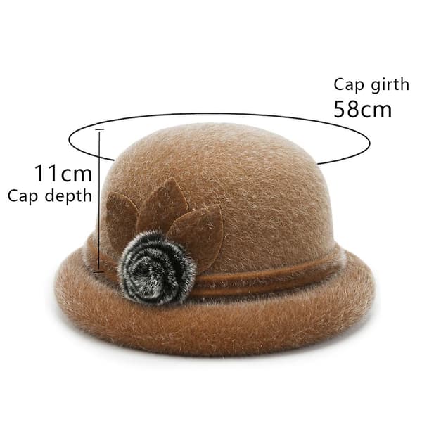 Rund hat til kvinder, spandhat, vintage hat, blomsteraccent, khaki Khaki