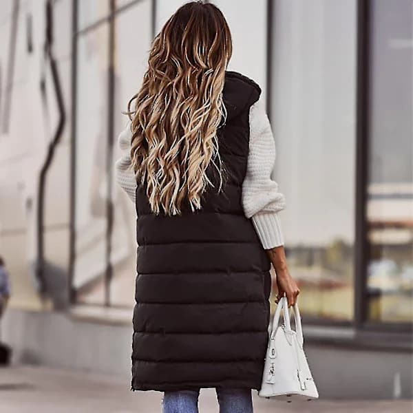 Women's Hooded Vest, Solid Color, Single-Breasted, Padded, Midi Length, Sleeveless, with Pockets Black Black L
