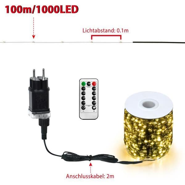 XMTECH 100m 1000 LED Julebelysning med Fjernkontroll og Støpsel 8 Moduser for Innendørs og Utendørs Varmhvit