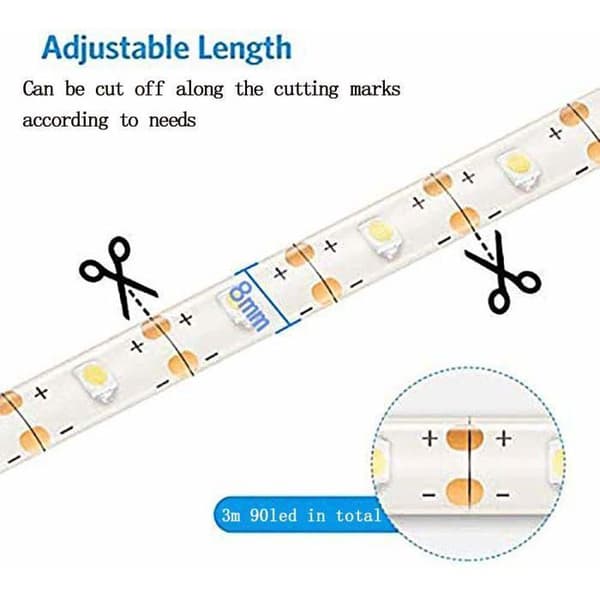 3m Battery Operated LED Strip with Remote Control, Waterproof LED Strip, 8 Modes, Dimmable (Cool White)