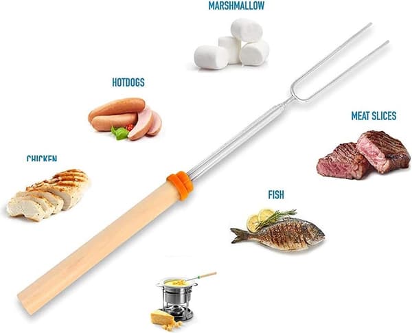 Telescopic Grill Fork, 8 Pieces, Stainless Steel with Wooden Handle, Extends to 80 cm, with Bag