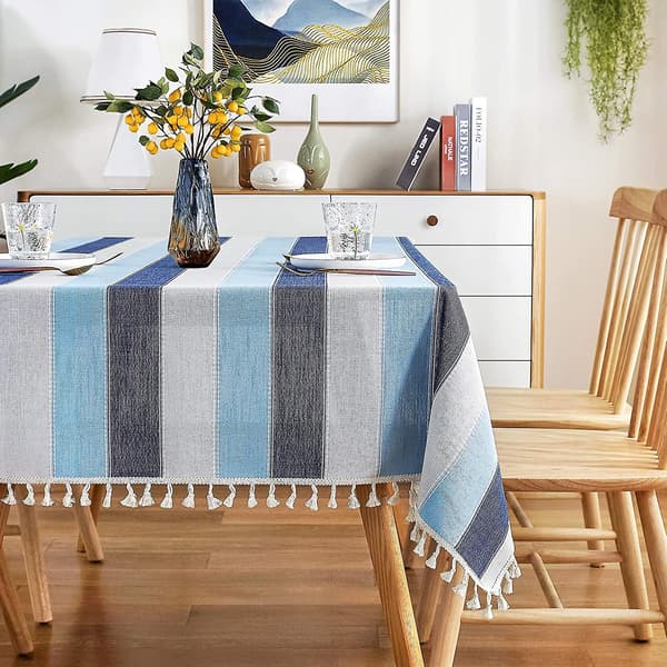 Striped Tassel Tablecloth, Stitched Rectangular Cotton Linen Tablecloth, Table Cover for Kitchen Dining Tabletop 137 x 305 cm Blue