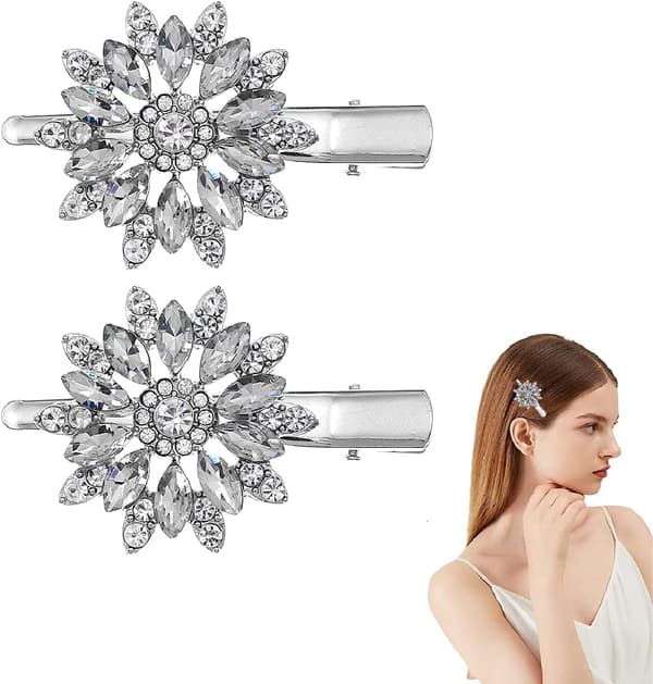 2 stk. strass bryllupshårklemme, blomst diamant hårklemmer, strass barrette (sølv)
