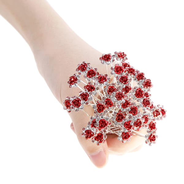 (Rød) 40 stk U-formede blomsterhårnåler med strass, krystallhårtilbehør til bryllup og fest