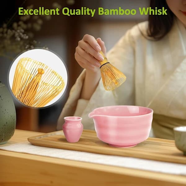 Japanese Matcha Tea Set, Ceramic Bowl with Bamboo Whisk Holder Spoon and Stainless Steel Tea Strainer, Gift Box, Pink pink