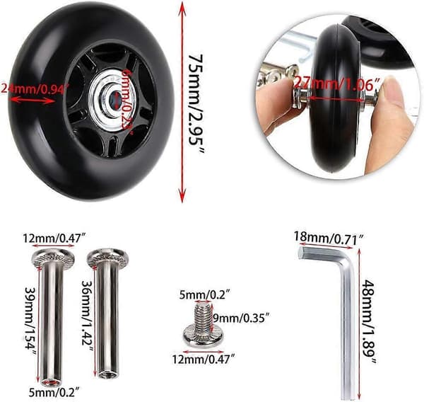 75 x 24 mm erstatningshjul til bagagekuffert, sæt med 2