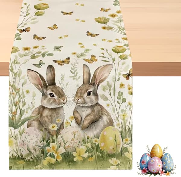 Easter Table Runner 183x33cm - Trendy Easter Bunny, Flowers & Easter Eggs Table Decoration Spring Decoration for Party & Home-FM-