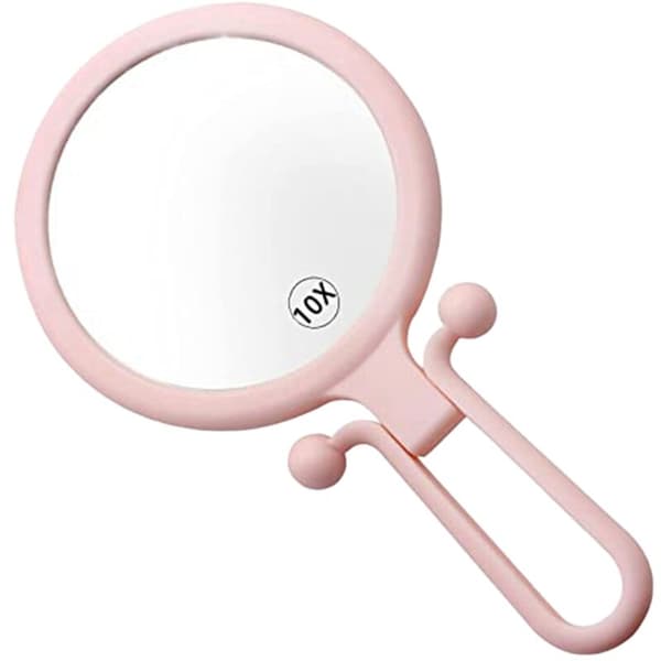 10X Portable Magnifying Glass, Double-Sided Folding Makeup Mirror, Handheld Mirror with Adjustable Handle (Pink)