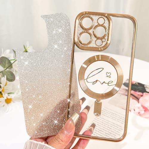 iPhone 16 Pro Max Deksel, Kompatibelt med MagSafe Hjerter Plating Kamerabeskyttelse Transparent Telefondeksel, Magnetisk Glitter