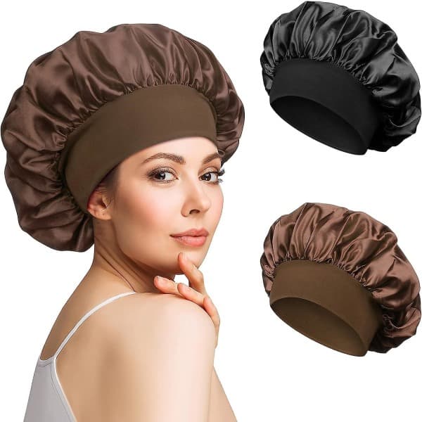 2-pack Satin Night Cap, Satin Night Cap, Silk Night Cap Night Cap for Women (Black, Coffee)