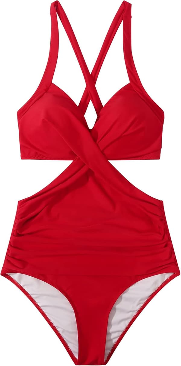 Women's One Piece Swimsuit Front Cross Cutout Tummy Control High Waisted Bikini M (Red)