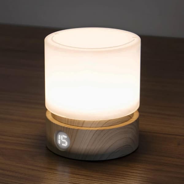 Timer natlampe, dæmpbar sengelampe i træstruktur, søvnfremmende lampe