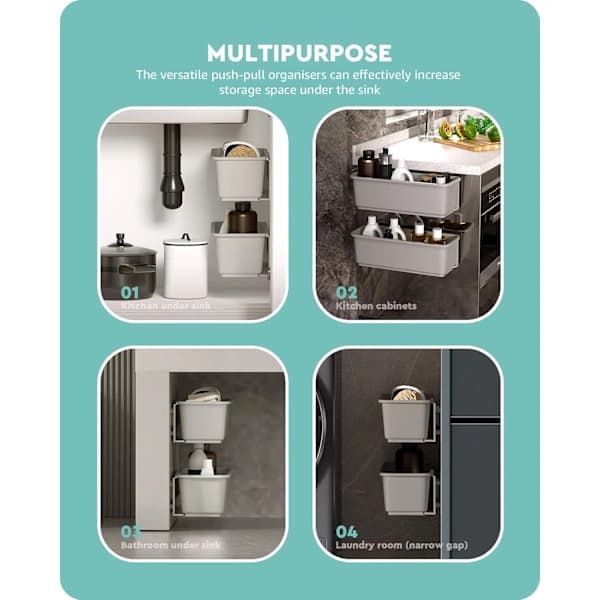 2-pack Sliding Cabinet Baskets, Pull-Out Under Sink Organizer for Kitchen and Bathroom, Wall Mounted, Grey Grey