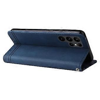 PU Leather Phone Case Compatible For Samsung Galaxy S23 Ultra, Tree Pattern Metal Button Lines Imprinted Wallet Stand Skin-friendly A(Blue)