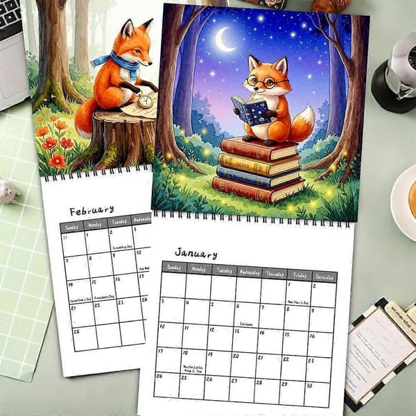 2027 Hanging Calendar, Nature Red Fox Floral Illustrations, Spiral Bound Monthly Planner, Household Decoration Planner 1pcs 1pcs