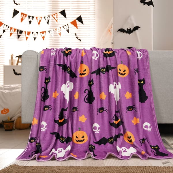 Flonelstæppe Halloween Græskar Lilla Spøgelse Flagermus Spøgelse Hyggelig Blød Plys til Seng Sofa Stue Stol (150 x 125 cm)