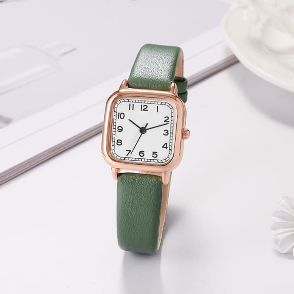 #Women's watch with leather strap and square dial - Dark green#