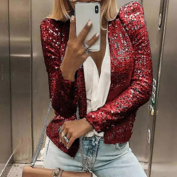 Women Cardigan Long Sleeve Glitter Sequin Jacket Open Front Casual Lady Jacket Red M Red M