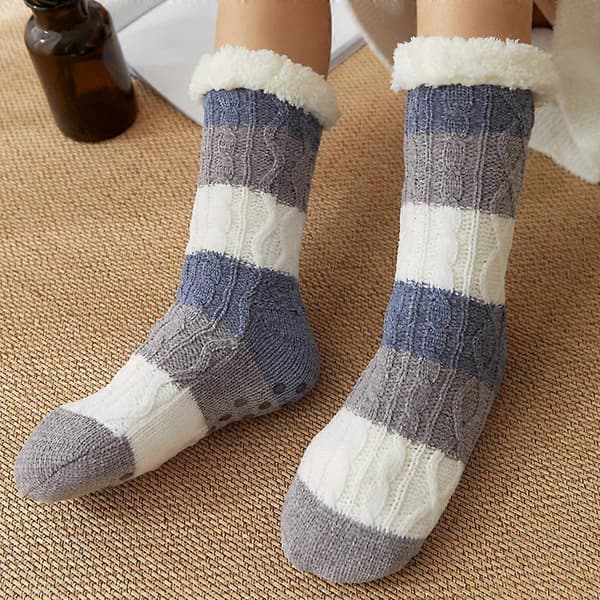 Varme hjemmesokker til kvinder, tykke hjemmesko-gulvsokker, blå hvid Blue White