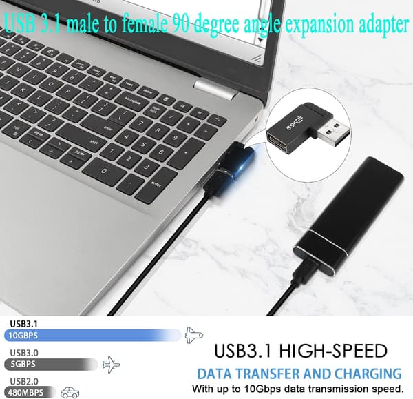 USB 3.1 90° kulmikas 10 Gbps USB 3.1 uros-naaras-adapteri, oikea A