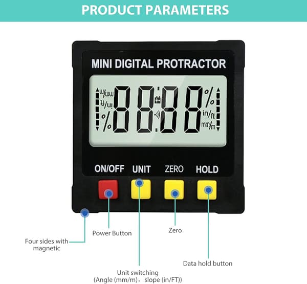 Digital vinkelmåler, 4-siders magnetisk vinkelsøker, LCD digital P