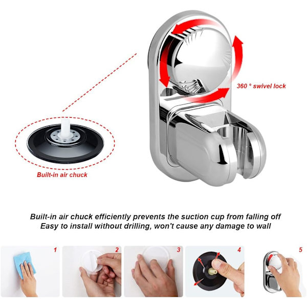 (Silver) Adjustable Shower Bracket without Drilling, Swivel Suction Cup, ZQKLA