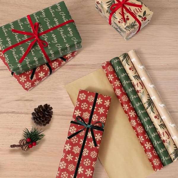 Wrapping Paper - Christmas Gift with Figures 43 x 300cm 4 Rolls for Kids Kraft_yu