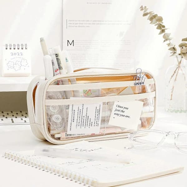 Large Capacity Pencil Case Half Transparent Beige Cute Clear Pen Bag Pencil Pouch Storage, 2 Pcs