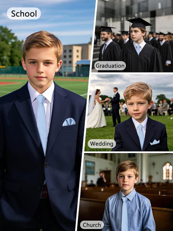 Drenge slips sæt ensfarvede slips til drengebørn selvbindere med lommetørklæde formel bryllup kirke dimission himmelblå - Sky Blue