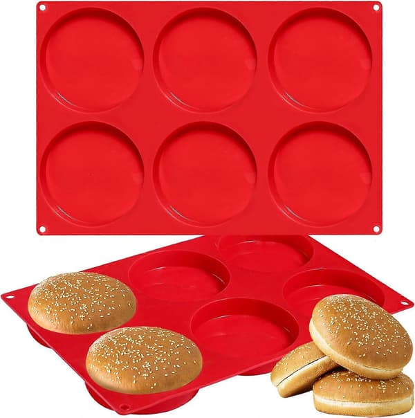 Sett med 2 silikonformer for burgerbrød, 10 cm, 6 rom, burgerbrødplate, 33 x 22,2 x 2 cm, rød
