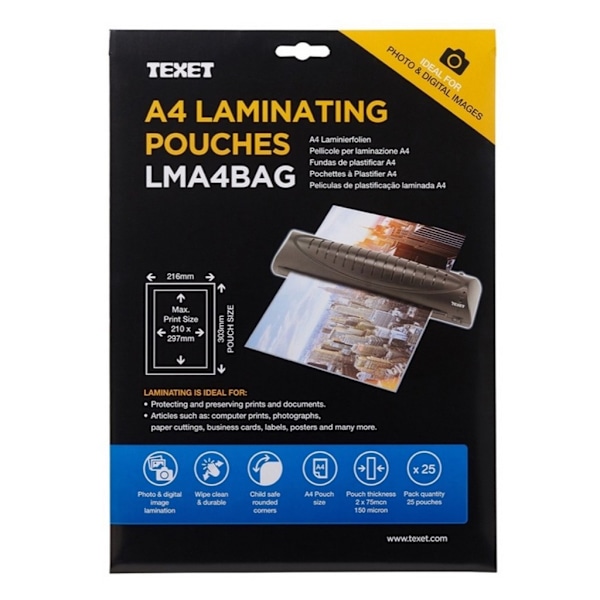 Texet A4 laminointitaskut (25 kpl) Yksi koko, läpinäkyvä kirkas Clear One Size