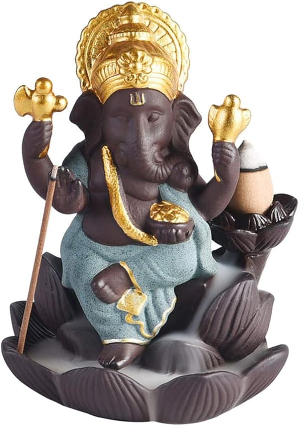 Ceramic Incense Burner with Ganesh Elephant, Incense Holder, Ganesh Statue, Elephant Buddha Figurine, Green