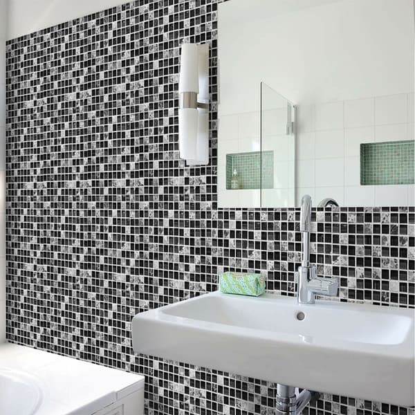 20 Pieces Self-Adhesive Tile Stickers, Waterproof Self-Adhesive PVC Tile Stickers, Black Mosaic Patterns, 15 x 15 cm