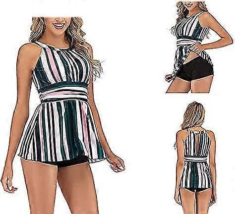 Dame Plus Size Rund Hals Vertikale Striber Nederdel-lignende Badedragt Todelt Sæt (ShiKai)