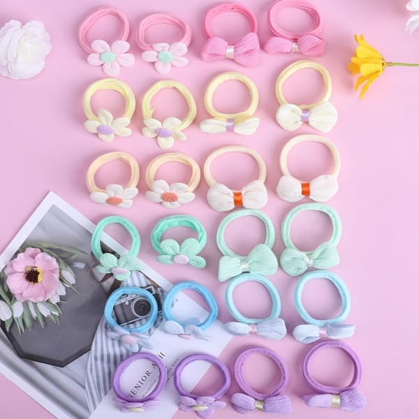 24 stk. hårbånd til små piger, søde blomsterhårbånd, elastiske scrunchies, sømløse hestehaleholdere, hårtilbehør til små piger