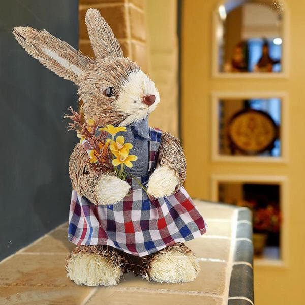 Straw Rabbit Figurine Eco-Friendly Bright Colors Lifelike Durable Easter Bunny Figurine
