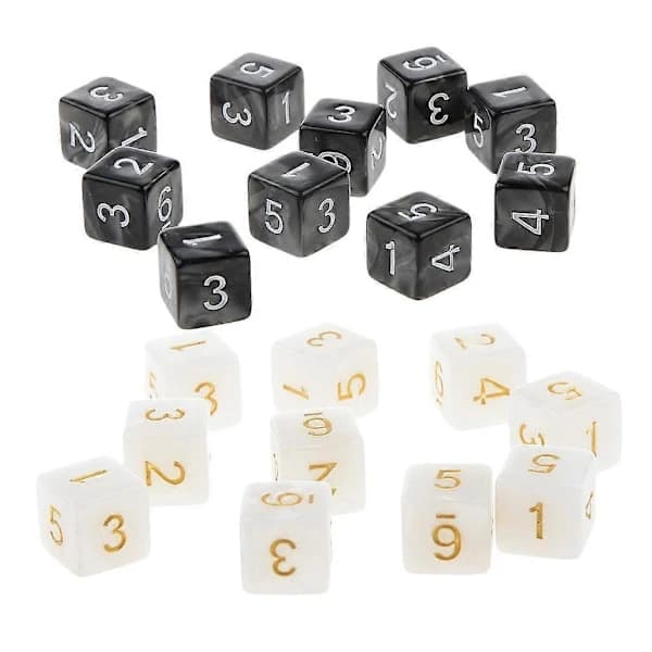 20-pakning sekskantede terninger D6 for D&D RPG-festspill svart og hvit