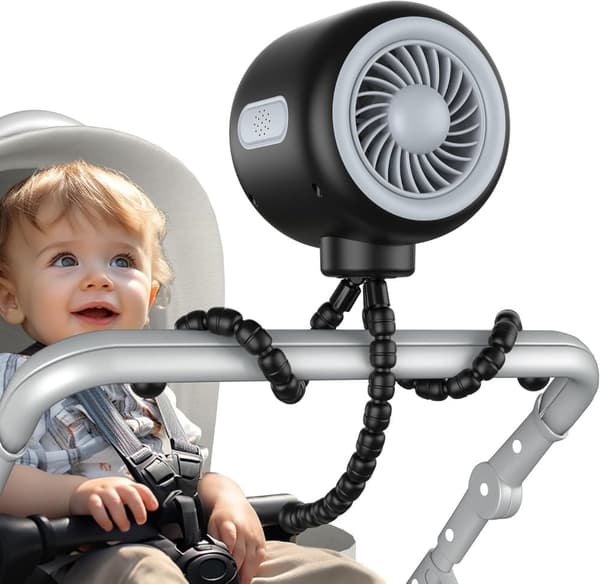 Fleksibel Barnevognsventilator – Genopladelig Bærbar Ventilator med 3 Hastigheder, til Barnevogn, Seng & Camping