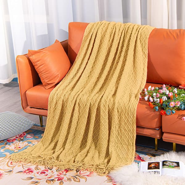 Akryl Strikket Plaid, 47x67 Tommer, Gul Rutete, Stor
